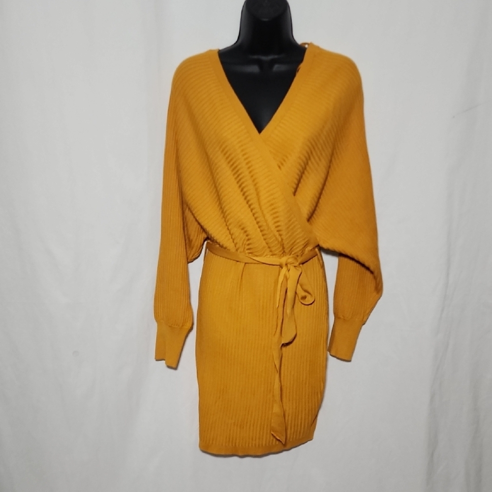 Fashion Nova Mustard V-Neck Sweater Dress - Picture 3 of 7